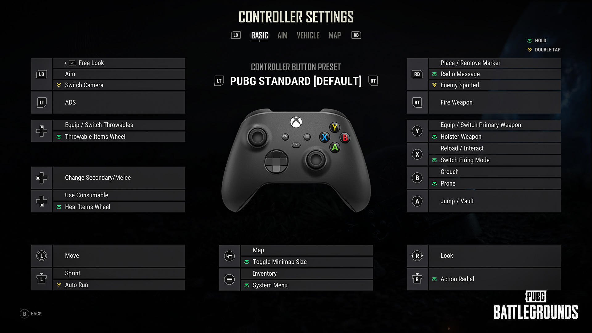 Schema dei controlli per controller del preset PUBG Standard su console