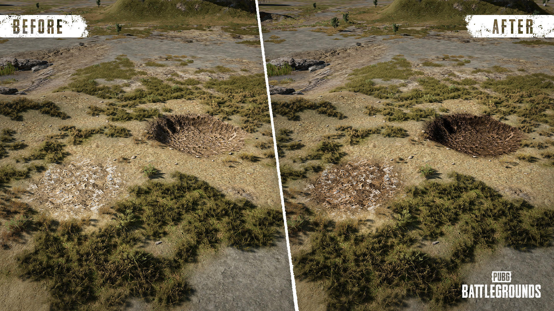 Confronto visivo delle texture di distruzione del terreno sulla mappa Erangel