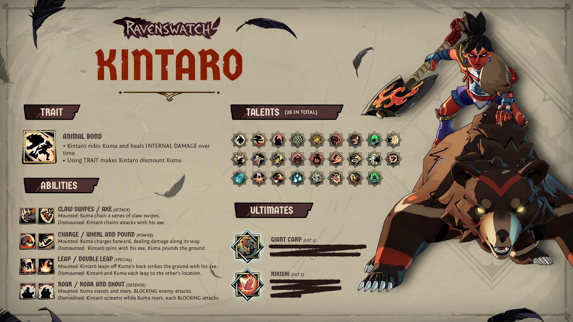 Infografica ufficiale delle abilità, trait e talenti del nuovo eroe Kintaro e dell'orso Kuma in Ravenswatch
