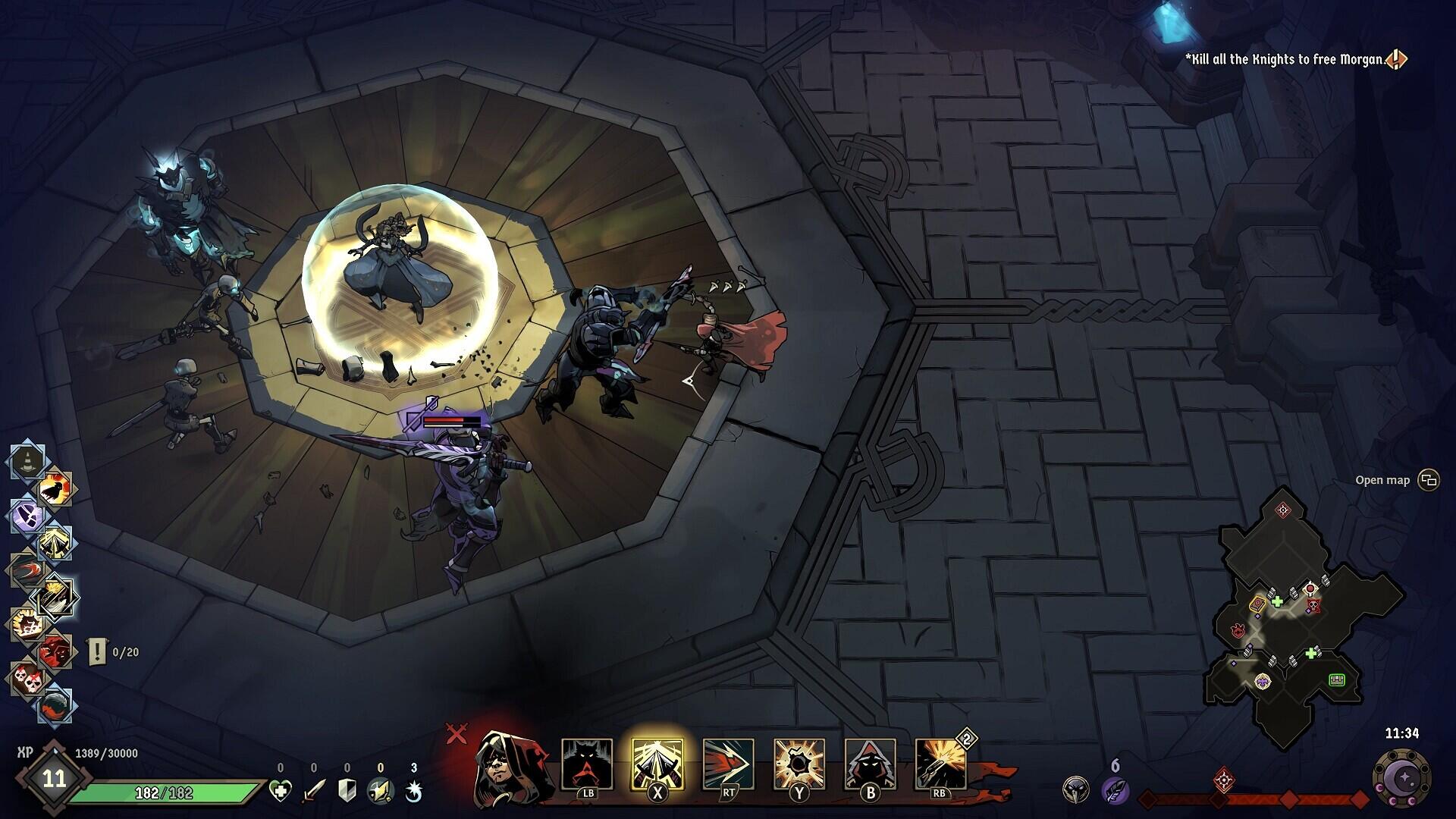 Screenshot in-game che mostra l'interfaccia utente, la mappa procedurale e le abilit&agrave; in Ravenswatch