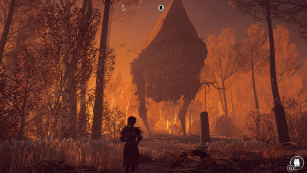 Screenshot in-game di REKA con la casa semovente su zampe di gallina nella foresta