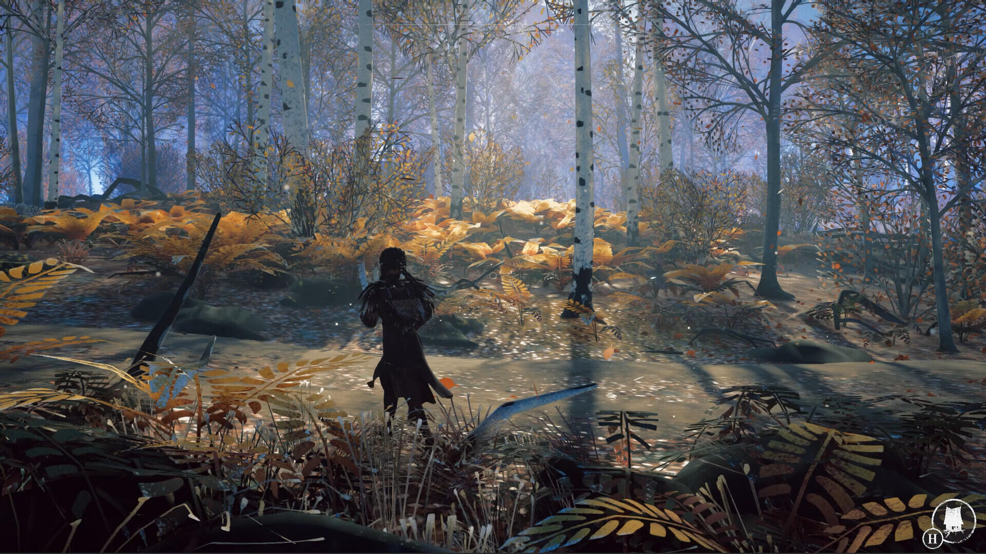 Screenshot in-game della protagonista durante l'esplorazione del bosco di betulle in REKA