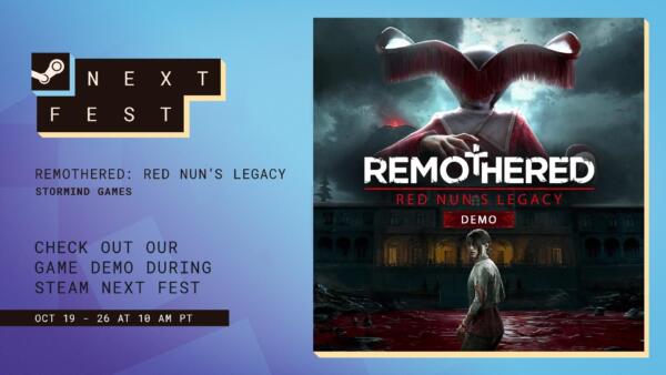 Banner dello Steam Next Fest con la copertina della demo di Remothered: Red Nun's Legacy, una suora dal copricapo rosso sopra una donna davanti a un edificio.