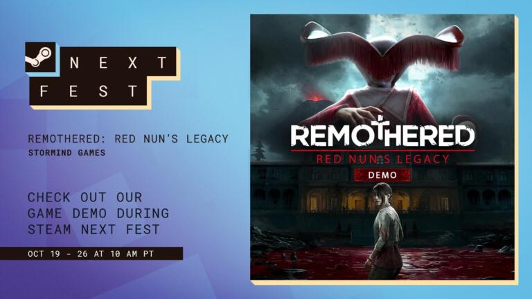 Banner dello Steam Next Fest con la copertina della demo di Remothered: Red Nun's Legacy, una suora dal copricapo rosso sopra una donna davanti a un edificio.