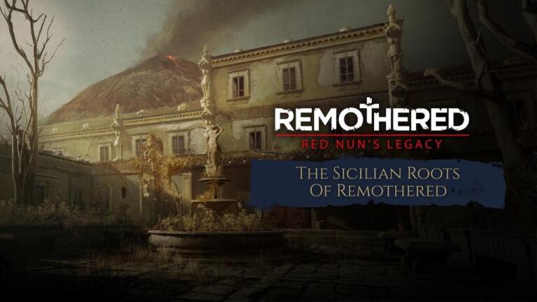 Key art ufficiale del video The Sicilian Roots of Remothered con la protagonista e l'ambientazione monastica siciliana.