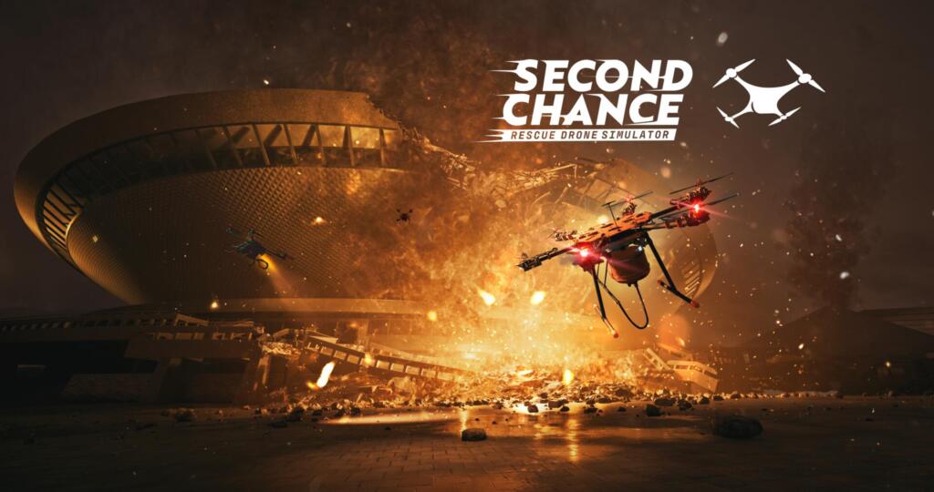 Un drone con luci rosse tra le fiamme e le macerie davanti a una grande struttura, con il logo Second Chance Rescue Drone Simulator.