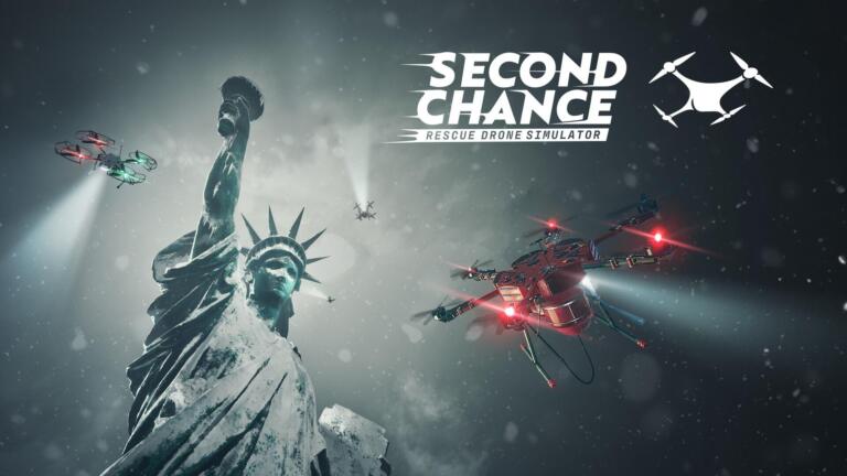 Due droni volano davanti alla Statua della Libertà, accanto al logo di Rescue Drone Simulator: Second Chance.