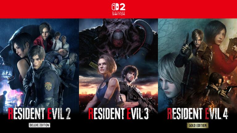 Copertine affiancate di Resident Evil 2 Deluxe Edition, Resident Evil 3 e Resident Evil 4 Gold Edition sotto il logo di Nintendo Switch 2.