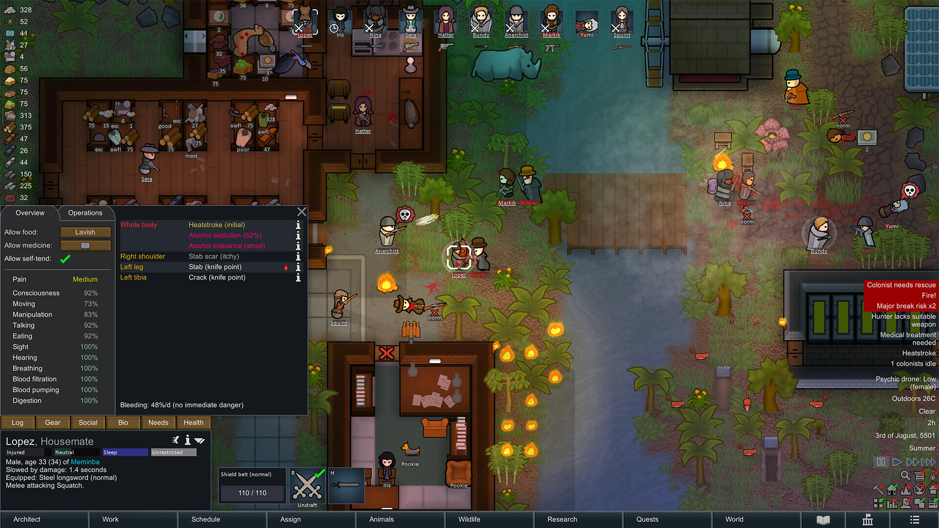 Screenshot in-game di RimWorld con una colonia avanzata in gestione
