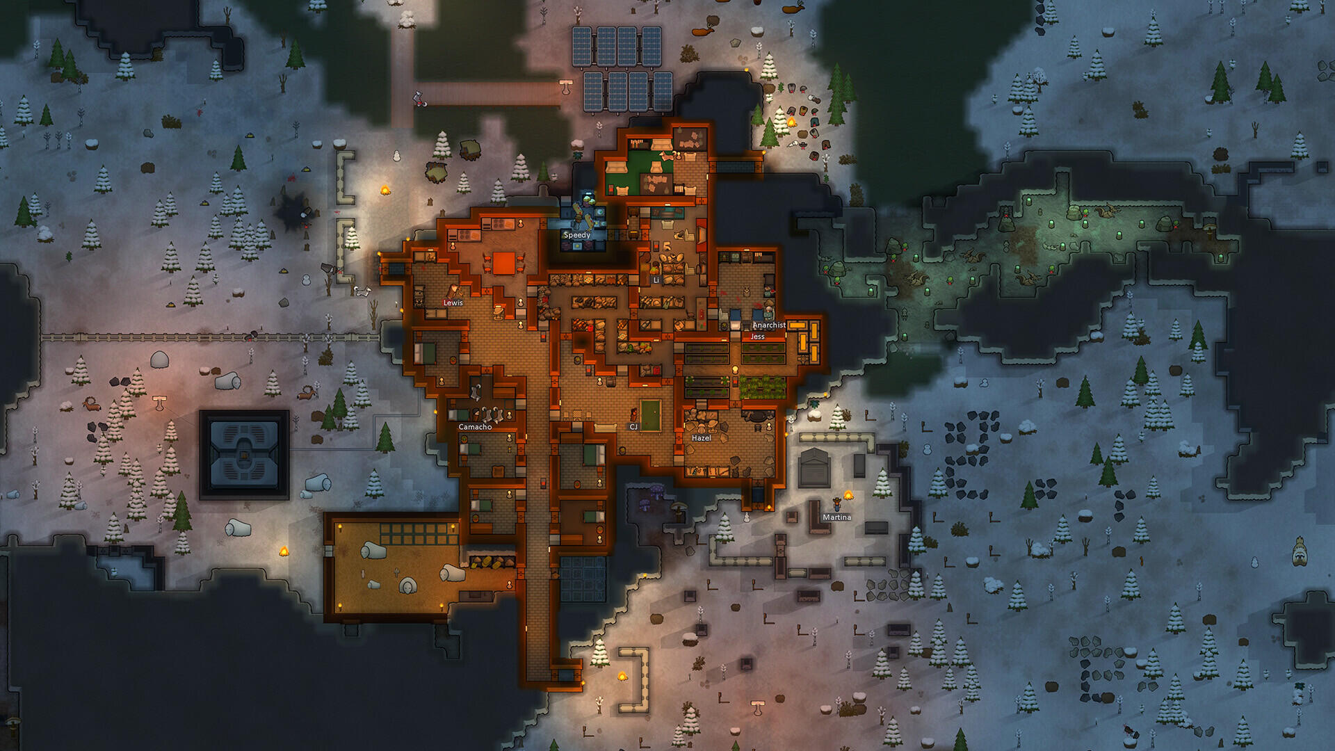 Screenshot di gioco di RimWorld incentrato sulla pianificazione delle strutture