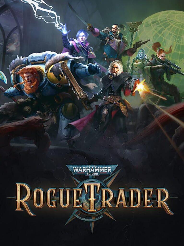 Copertina di Warhammer 40,000: Rogue Trader con il gruppo di personaggi in azione e il logo del gioco.