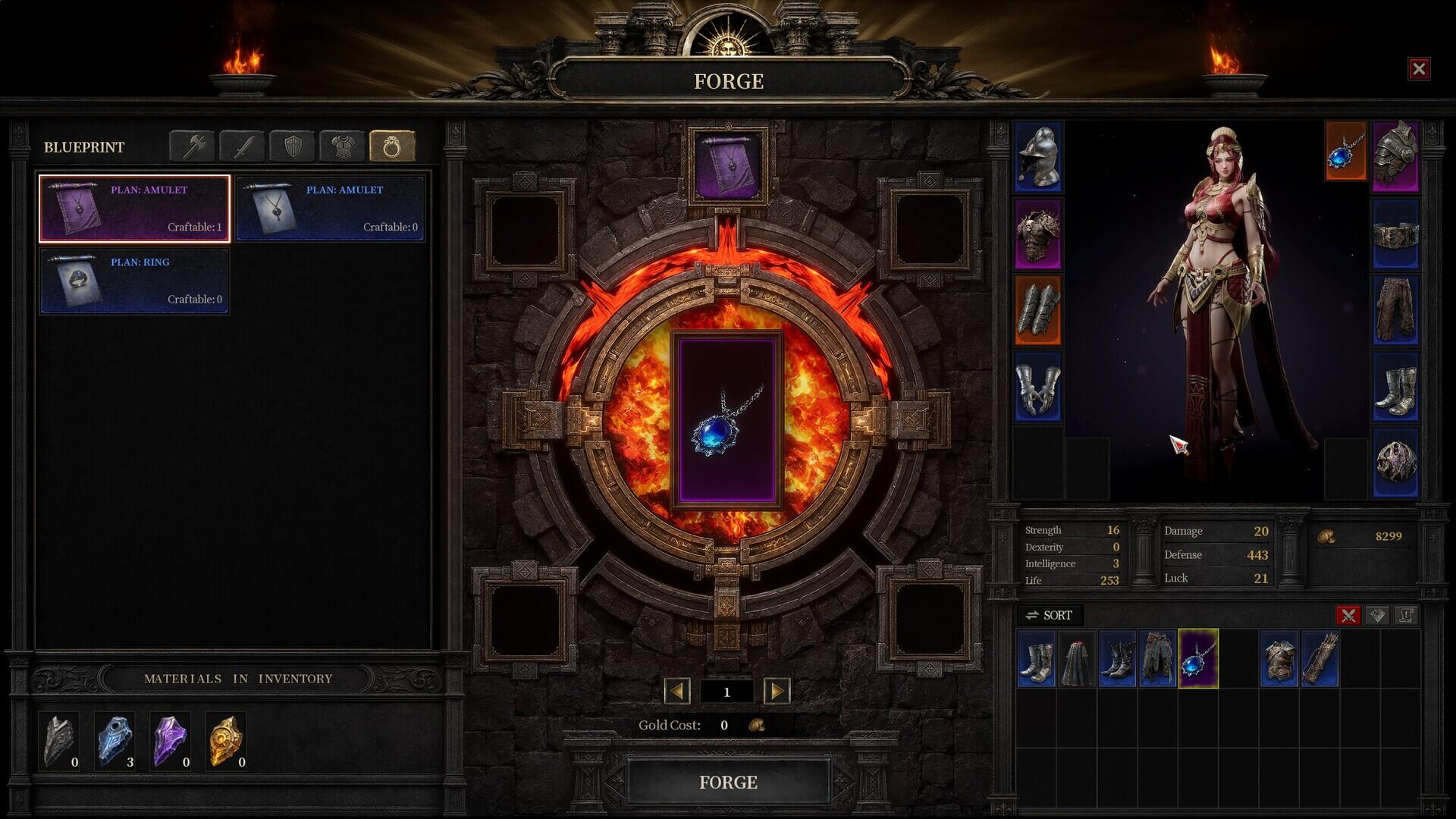 Screenshot del menu di gioco di SACRATA dedicato alla forgia dell'equipaggiamento e alla personalizzazione delle statistiche.