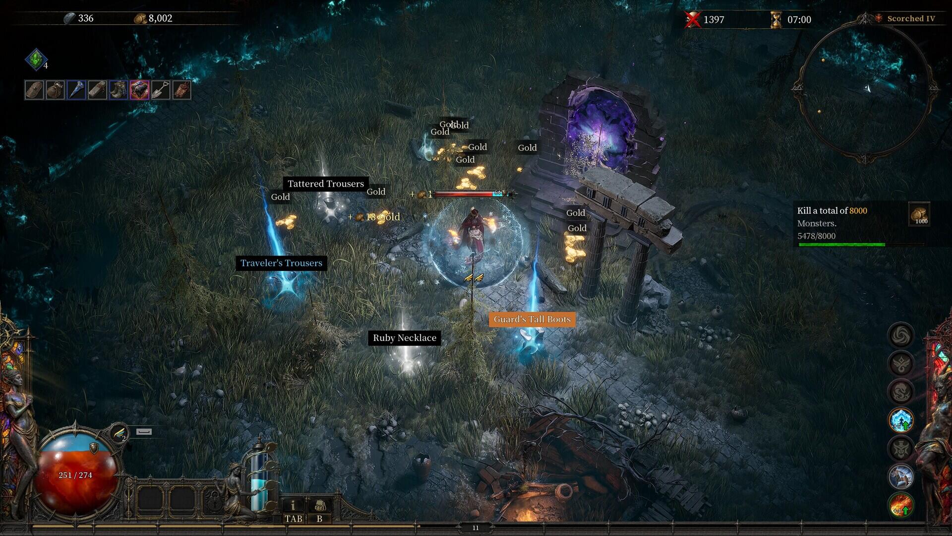 Screenshot gameplay di SACRATA incentrato sulla raccolta di bottino raro, armi e oro dopo aver sterminato un'orda di nemici.