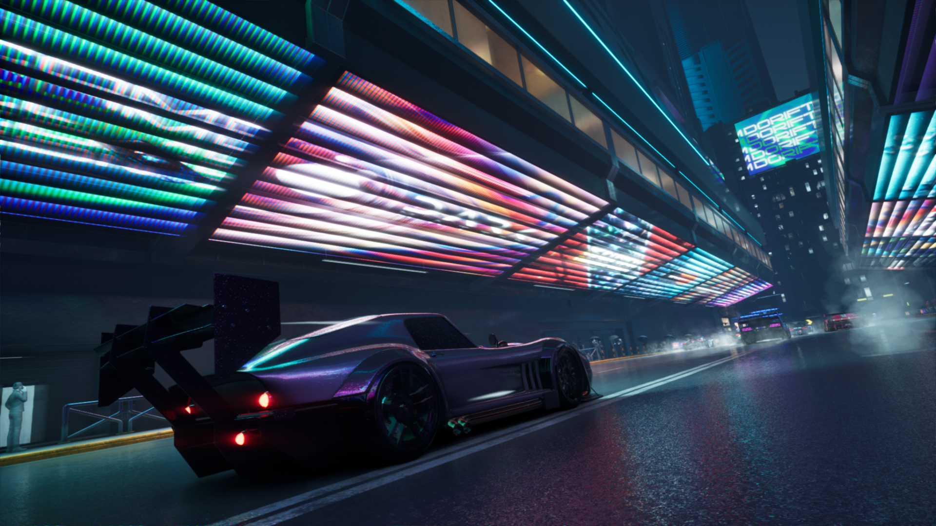 Screenshot in-game di Screamer che ritrae i bolidi in corsa attraverso le strade sopraelevate di una metropoli futuristica in stile anime.