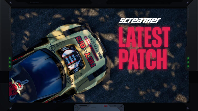 Key art promozionale ufficiale della patch di Screamer con illustrazioni anime stilizzate dei piloti e delle vetture in corsa.
