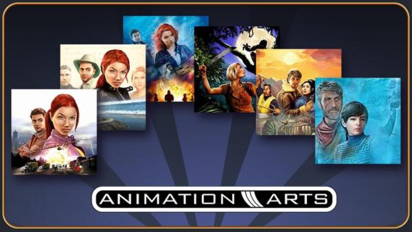 Le copertine dei giochi delle serie Secret Files e Lost Horizon disposte a ventaglio sopra il logo di Animation Arts.