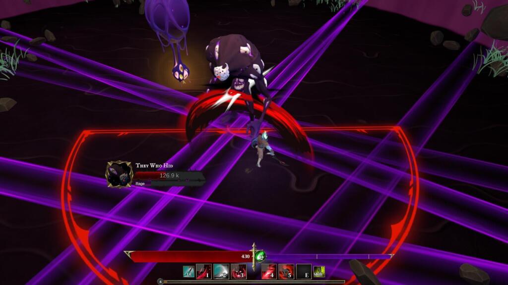 Screenshot di Sil and the Fading World: un guerriero affronta un boss massiccio tra raggi viola e un'area di attacco rossa.