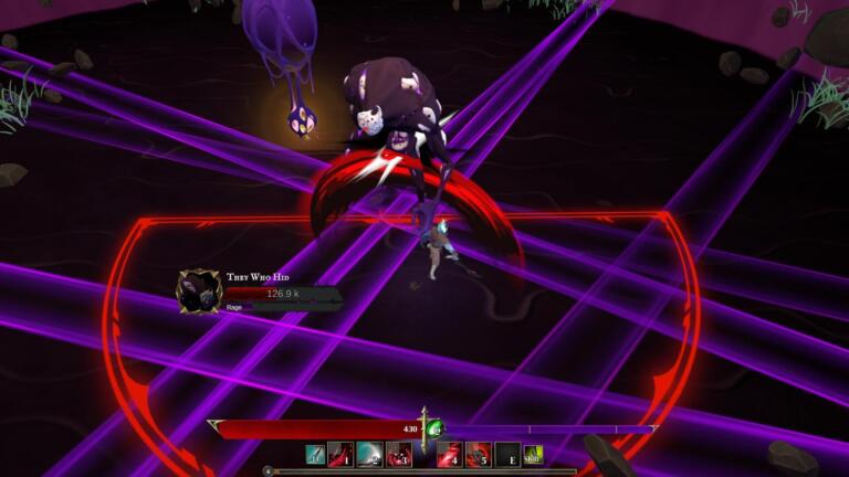 Screenshot di Sil and the Fading World: un guerriero affronta un boss massiccio tra raggi viola e un'area di attacco rossa.