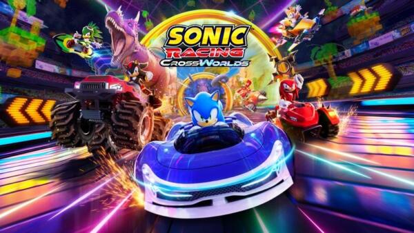 Key art promozionale ufficiale di Sonic Racing: CrossWorlds con Sonic, Shadow, Knuckles e Tails sui kart