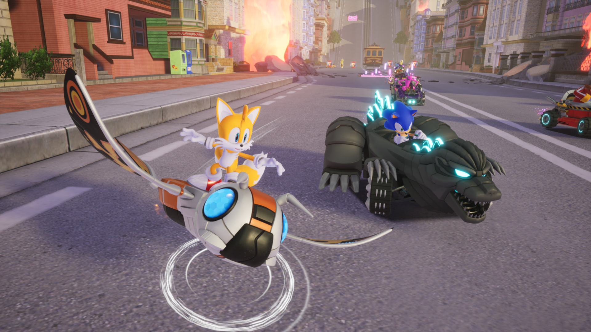 Schermata di gioco di Sonic Racing CrossWorlds dedicata al circuito e ai veicoli del pacchetto Godzilla