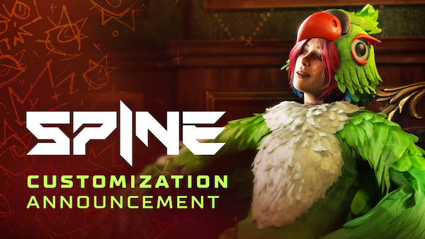 Redline con i capelli rosa e il costume verde da pappagallo accanto alla scritta SPINE Customization Announcement.