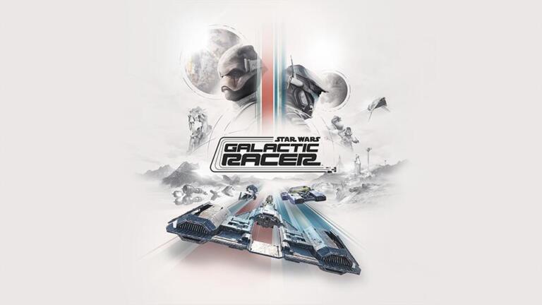 Key art ufficiale di Star Wars: Galactic Racer con repulsorcraft in gara ad alta velocità su un pianeta galattico.