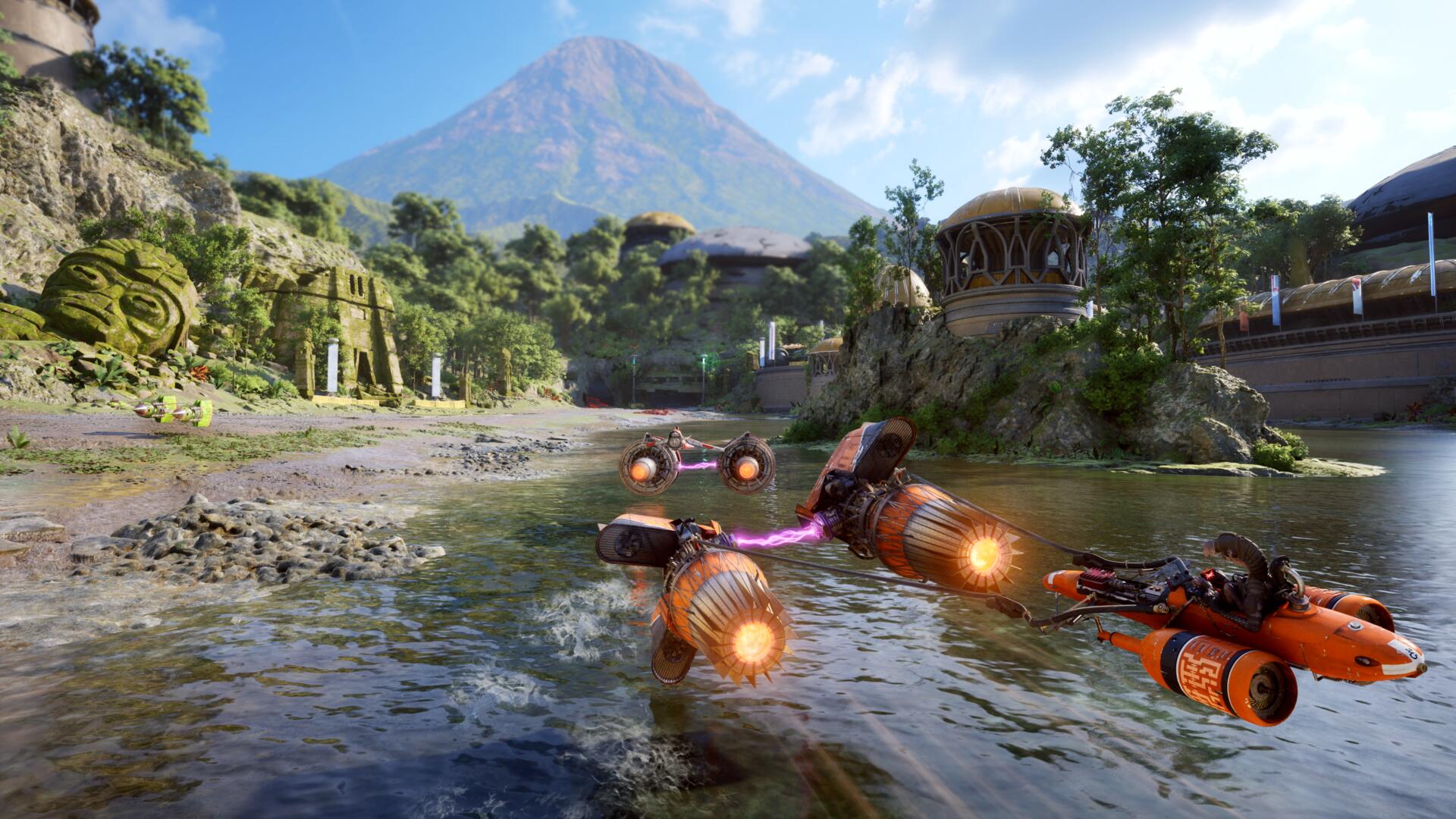 Screenshot in-game di Star Wars: Galactic Racer che ritrae una gara ad alta velocita lungo un tracciato costiero su acque scintillanti.