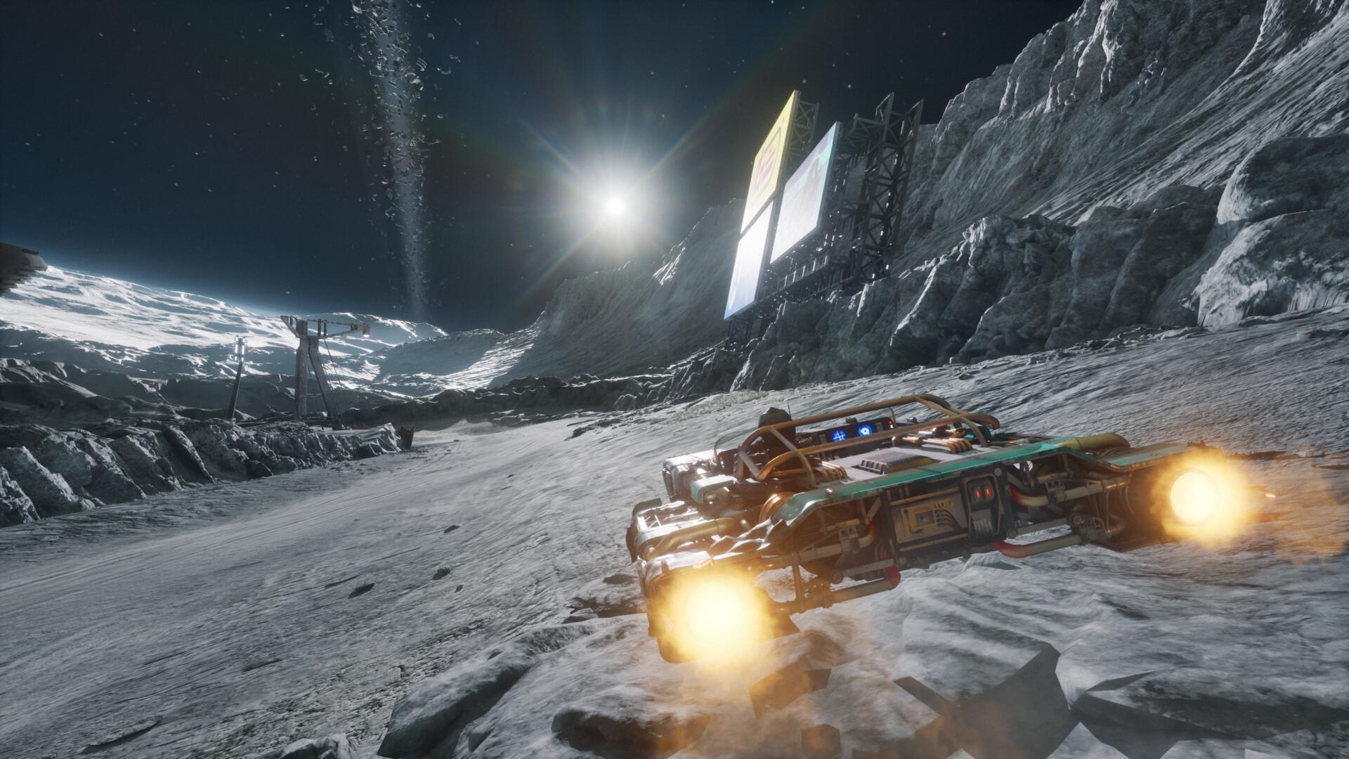 Screenshot in-game di Star Wars: Galactic Racer che mostra una corsa notturna con repulsorcraft sotto una luna scintillante.
