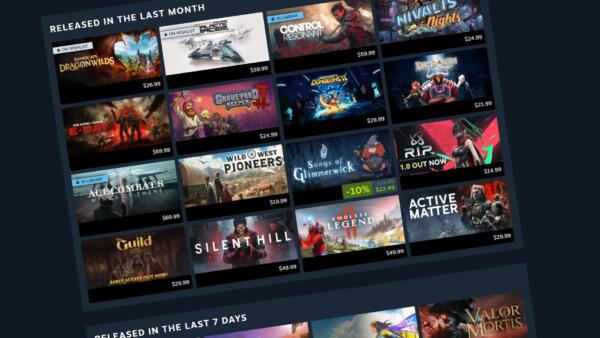 Il Personal Calendar di Steam con le copertine dei giochi usciti nell'ultimo mese e negli ultimi 7 giorni, disposte in una griglia inclinata.