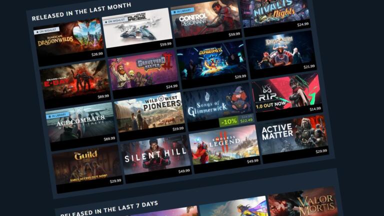 Il Personal Calendar di Steam con le copertine dei giochi usciti nell'ultimo mese e negli ultimi 7 giorni, disposte in una griglia inclinata.