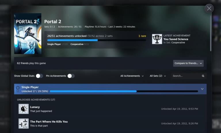 Pagina degli achievement di Portal 2 su Steam con due set, Single Player e Cooperative, e le relative barre di avanzamento.