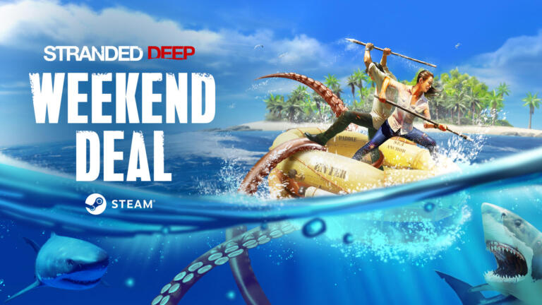 Due sopravvissuti su una zattera gialla respingono con le lance un tentacolo di polpo, con uno squalo sott'acqua e il logo Stranded Deep Weekend Deal.