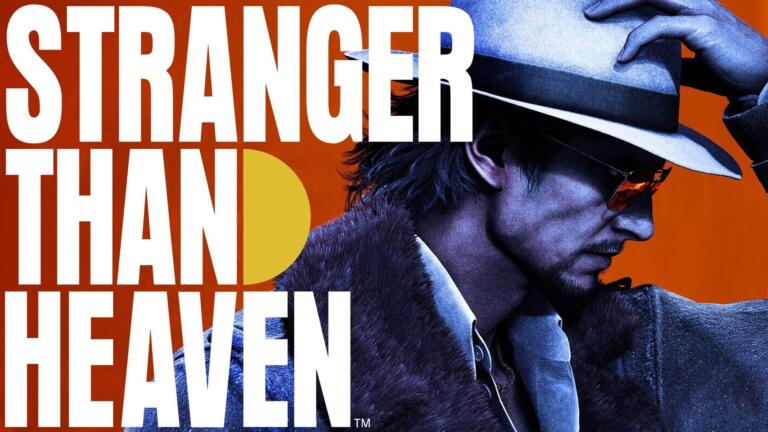 Key art di Stranger Than Heaven con il titolo in bianco su sfondo arancione e un uomo con cappello, occhiali da sole e pelliccia sul collo.
