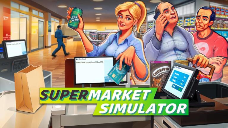 Tre personaggi in un supermercato, tra cui una cassiera con una lattina, sopra il logo di Supermarket Simulator.
