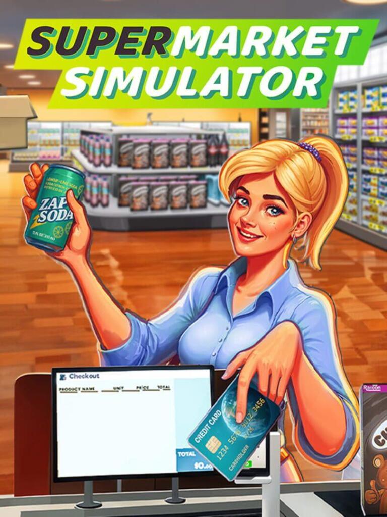 Una cassiera sorridente con una lattina in mano e una carta di credito, dentro un supermercato, sotto il logo di Supermarket Simulator.