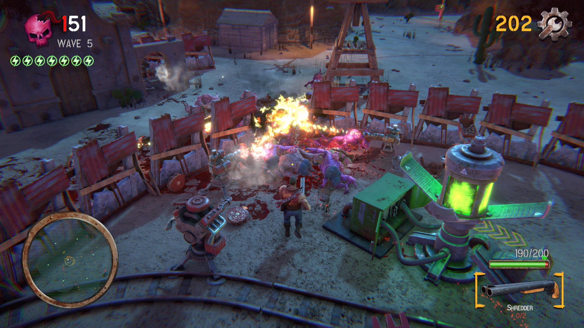 Screenshot in-game di Survive 'Til Dawn durante la quinta ondata con il protagonista che affronta le orde di mutanti tra fiamme e torrette automatiche.