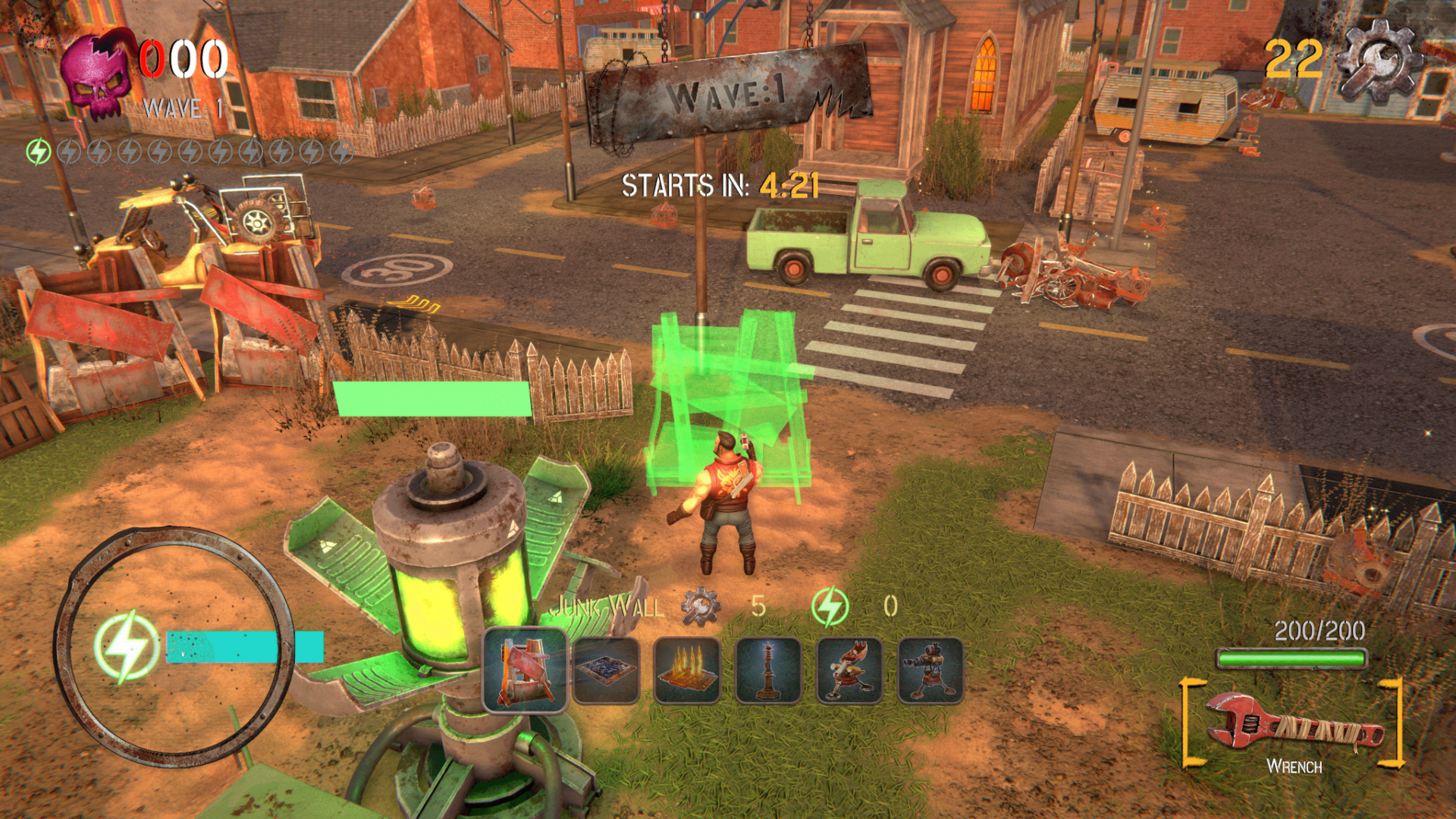 Screenshot di gameplay di Survive 'Til Dawn che mostra la fase di costruzione e posizionamento di barricate attorno al dispositivo Aegis prima dell'arrivo dell'ondata.