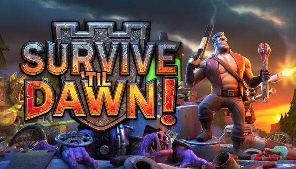 Key art ufficiale di Survive 'Til Dawn con il logo del gioco, il protagonista armato di chiave inglese e fucile tra rottami e creature mutanti.