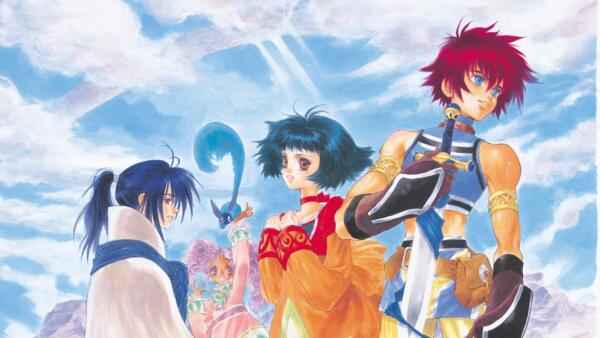Illustrazione ufficiale di Tales of Eternia Remastered con quattro protagonisti e una creatura blu in volo, davanti a un cielo con nuvole.