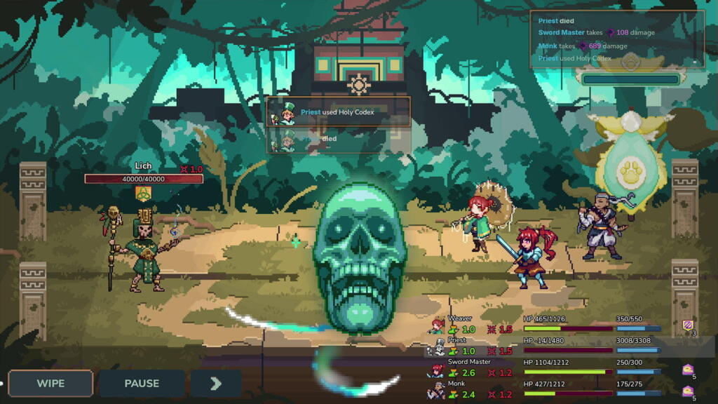 Scontro in pixel art di Teamcrafter con un grande teschio verde al centro, un lich a sinistra e quattro avventurieri a destra.