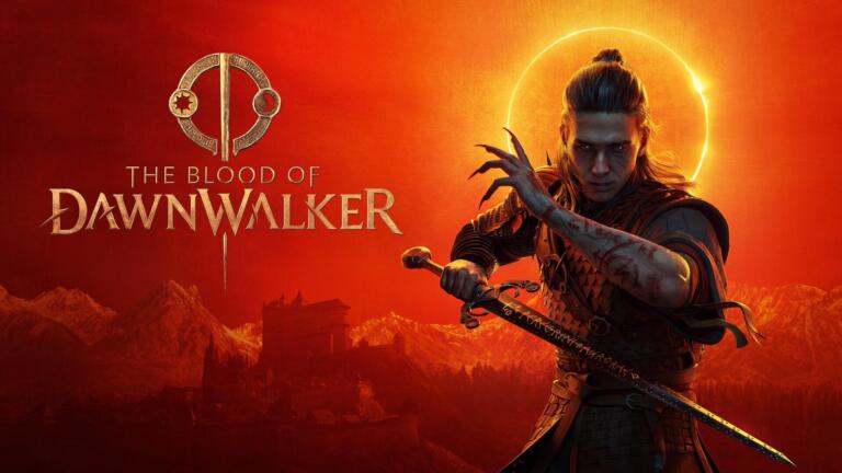 Il protagonista di The Blood of Dawnwalker impugna una spada davanti a un sole in eclissi, accanto al logo del gioco.