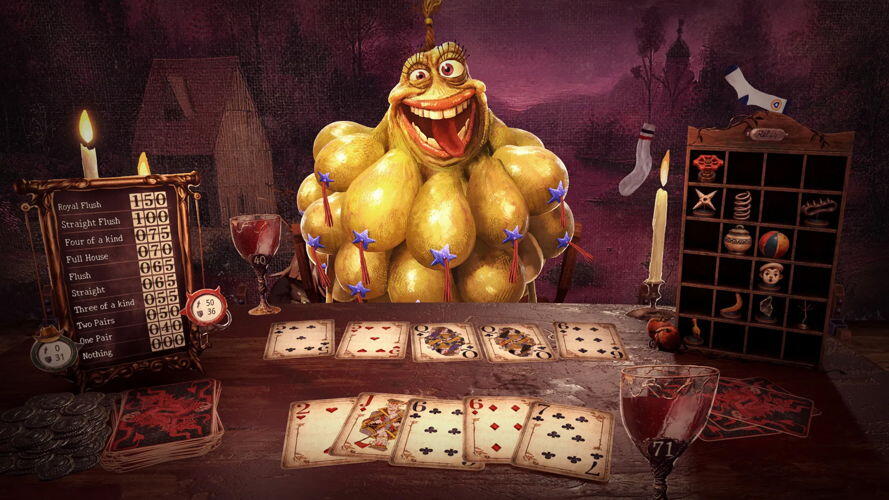Screenshot in-game di The Devil's Due durante una mano di poker contro un'entità demoniaca con le carte posizionate sul tavolo da gioco.