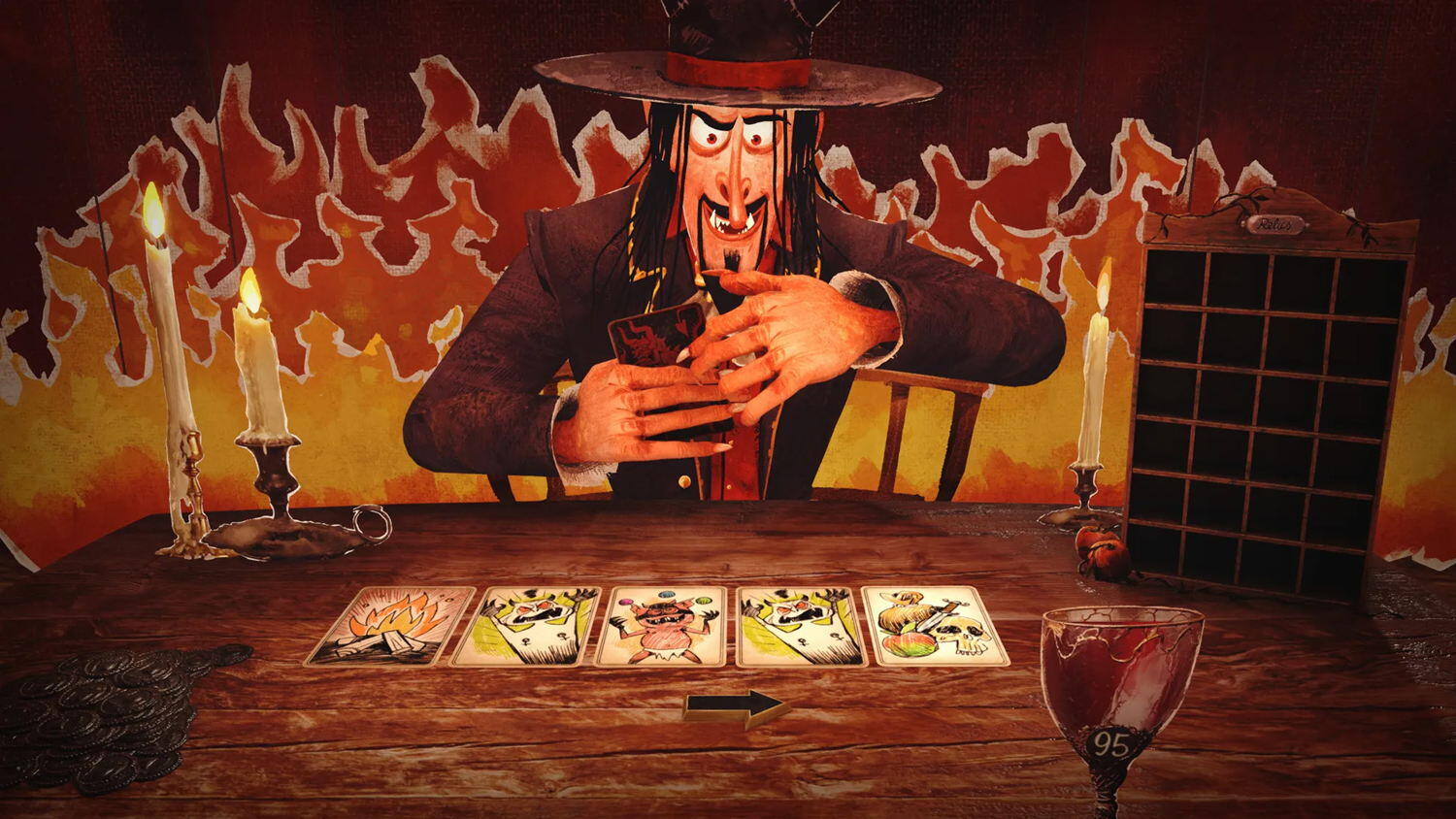 Screenshot in-game di The Devil's Due incentrato sulla meccanica per barare e scambiare furtivamente le carte.