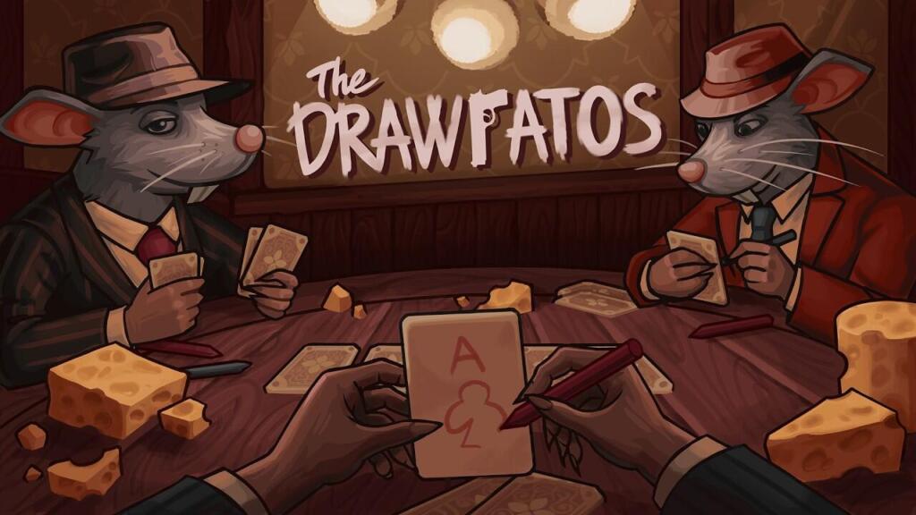 Key art ufficiale di The Drawratos che mostra due ratti eleganti in abito e cappello seduti al tavolo da poker tra fette di formaggio mentre il giocatore ritocca una carta con un pastello.