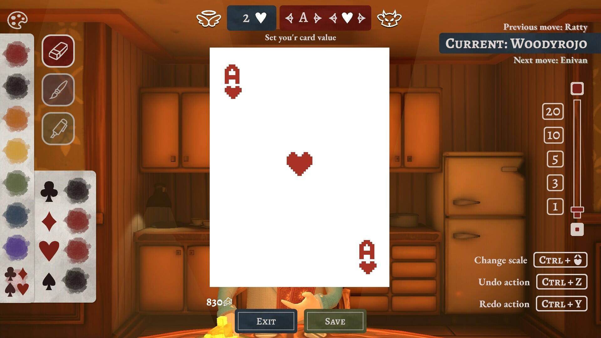 Screenshot di gameplay di The Drawratos che mostra l'interfaccia di disegno per alterare il valore e il seme di una carta trasformandola in un asso di cuori.