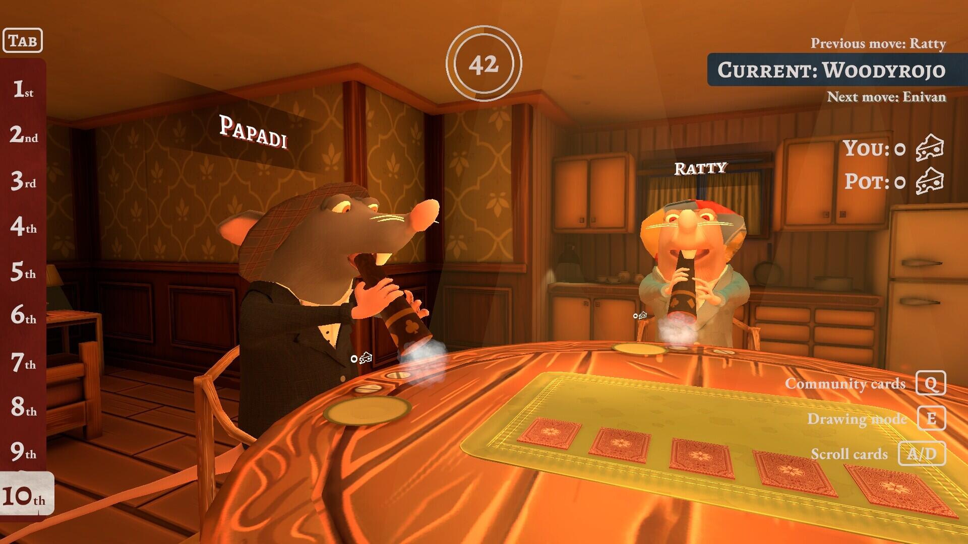 Screenshot di gioco di The Drawratos che ritrae i due ratti avversari mentre fumano il sigaro al tavolo durante una mano concitata.