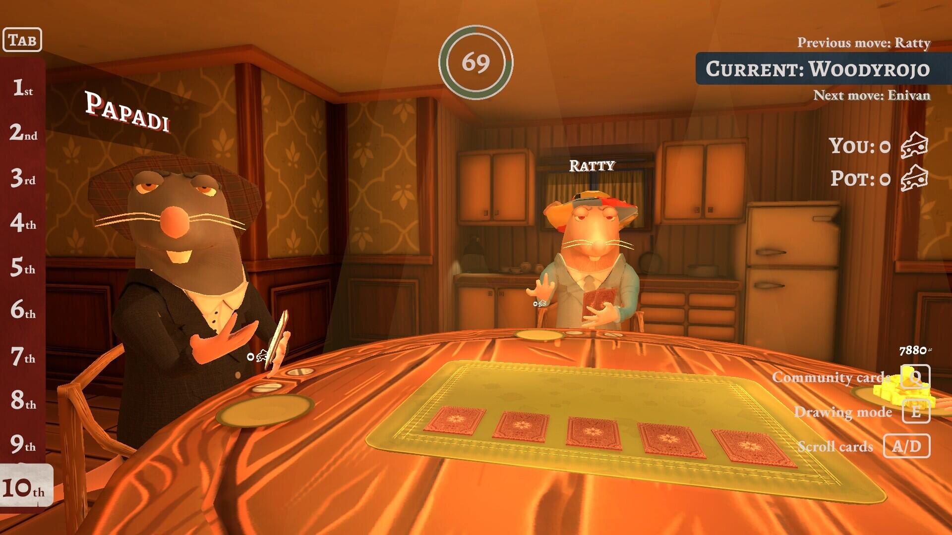 Screenshot in-game di The Drawratos con la visuale in soggettiva del tavolo da poker tra ratti, le carte coperte e il piatto in fette di formaggio.
