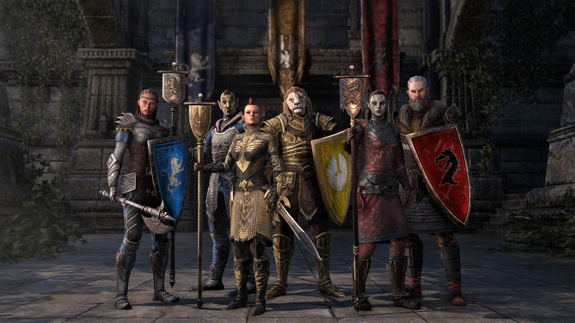Screenshot in-game con guerrieri schierati con gli stendardi delle grandi alleanze di Tamriel in The Elder Scrolls Online.