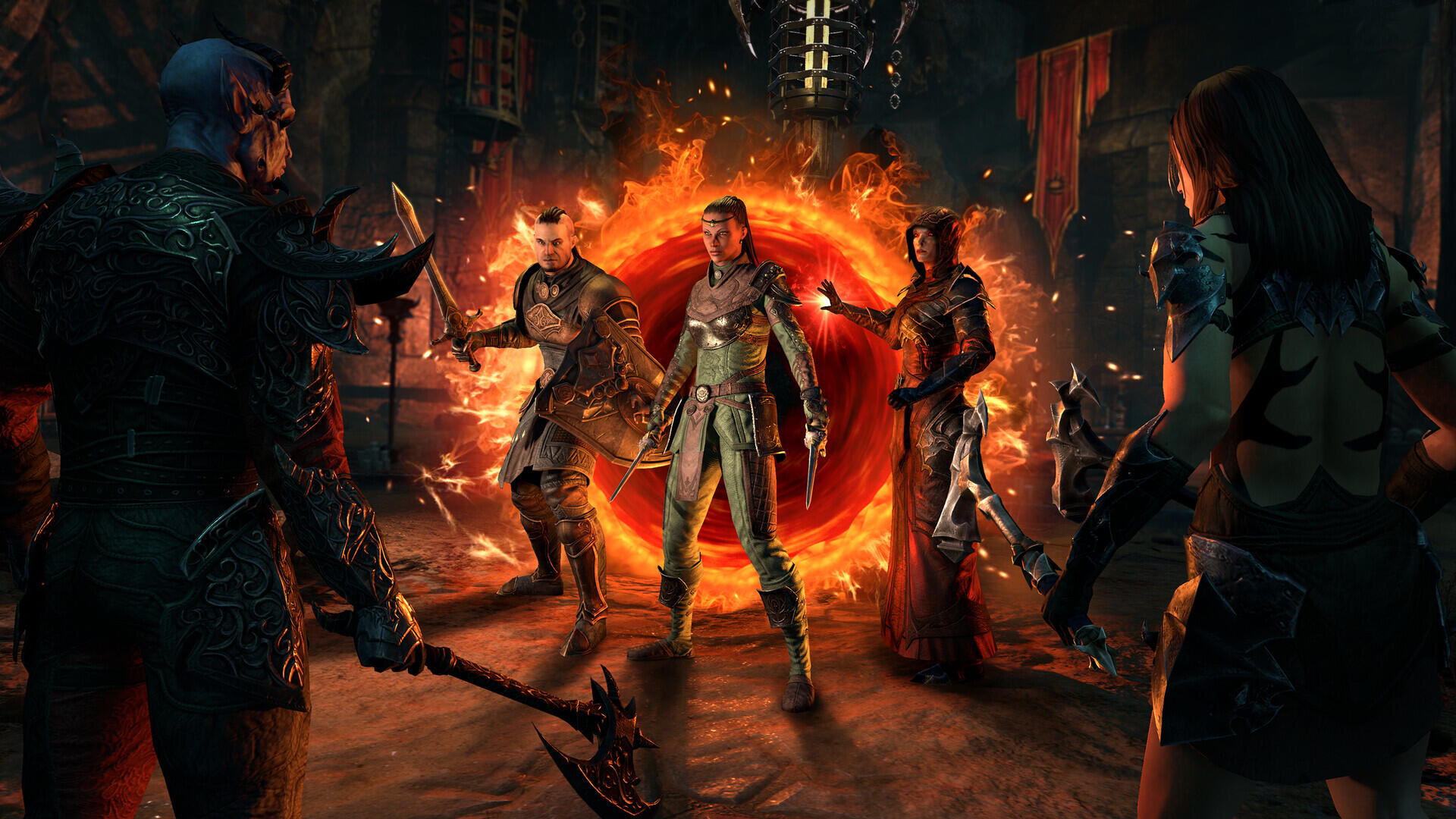 Screenshot in-game di un gruppo di eroi radunati attorno a un portale infuocato in un dungeon di The Elder Scrolls Online.