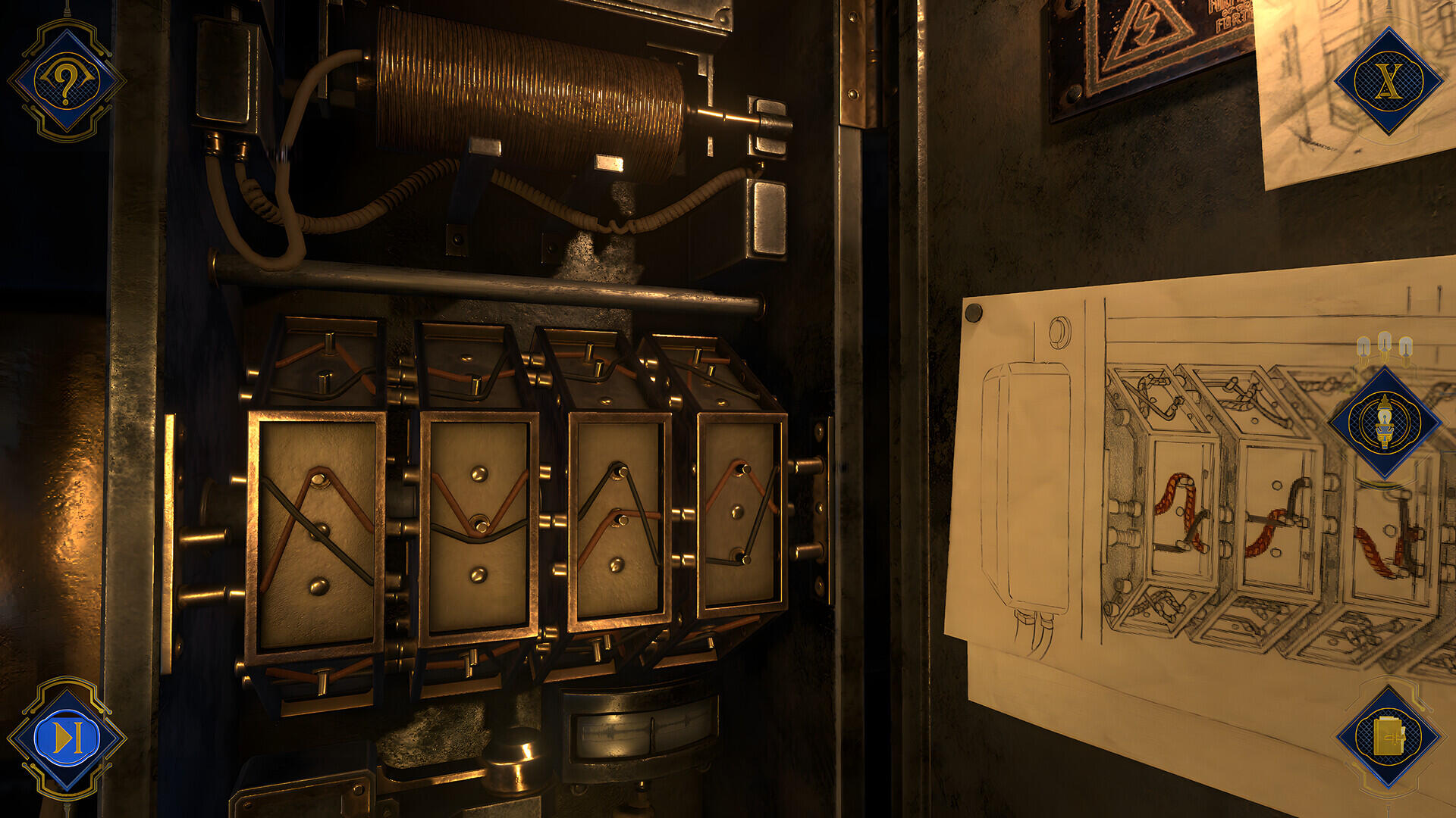 Screenshot gameplay di The House of Tesla: Definitive Edition incentrato sulla risoluzione di un enigma elettrico con bobine e schemi tecnici.